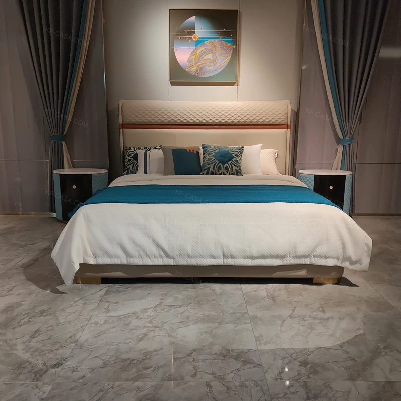 Beige Upholstered Bed with Quilted Headboard, Wood Accent & Gold Stainless Steel Feet